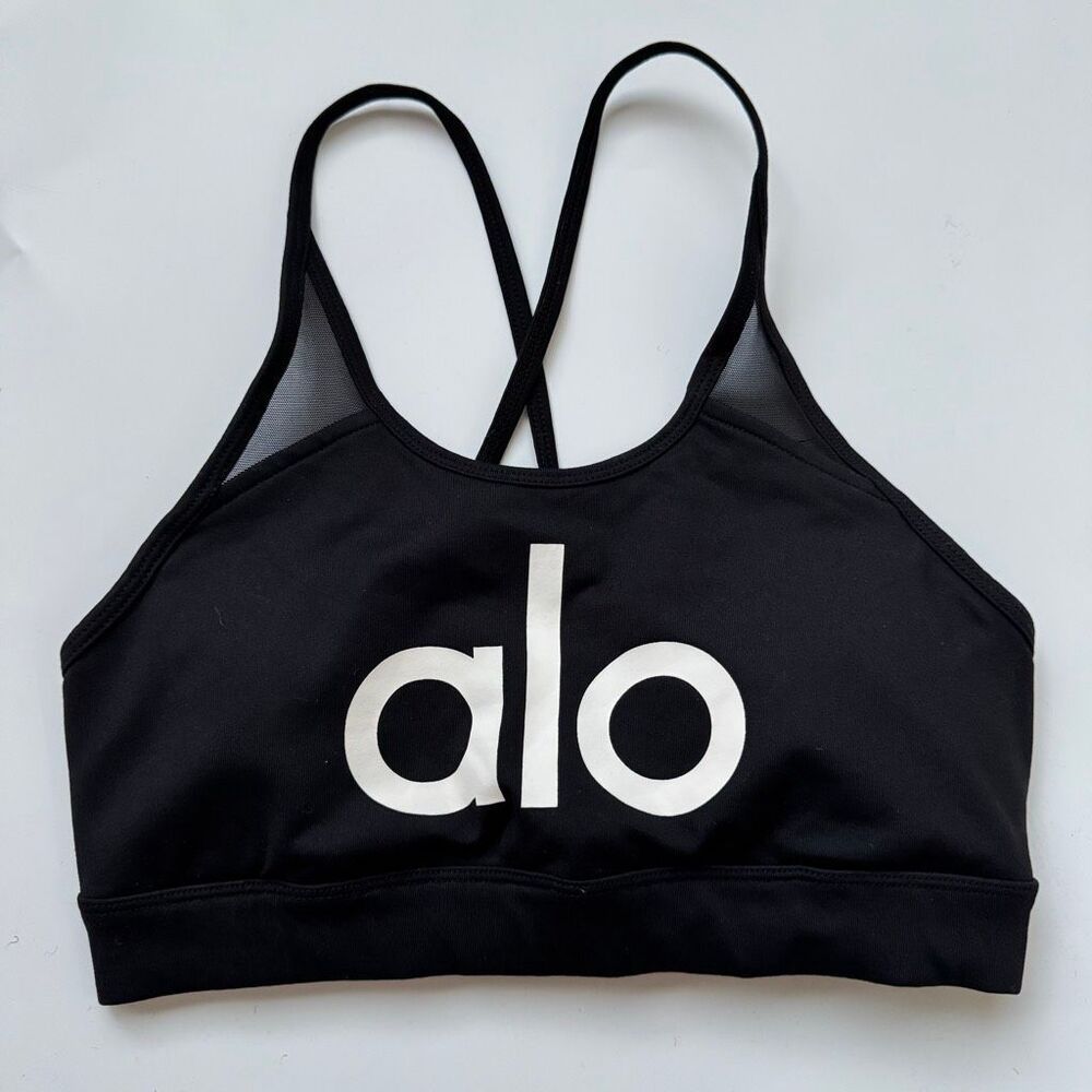 Alo Yoga Starlet Large Cross Front Logo Black Strappy Sports Bra Size XS